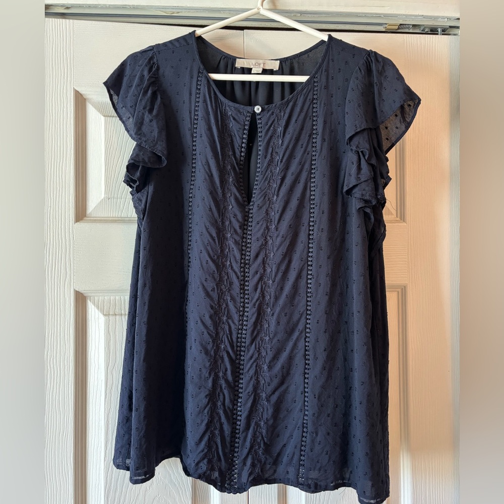 LOFT Navy Blue Blouse with Ruffle Sleeves